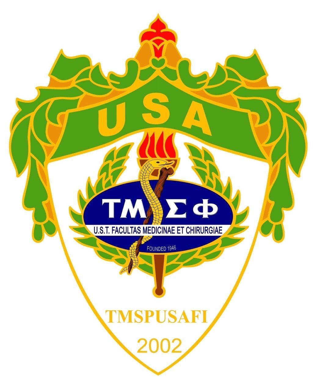 Emblem of TMS Phi fraternity with snake and torch, green and gold laurel design.