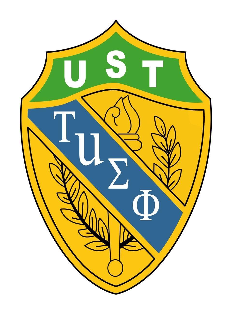 UST shield emblem with Greek letters Tau, Sigma, Phi and laurel leaf design.