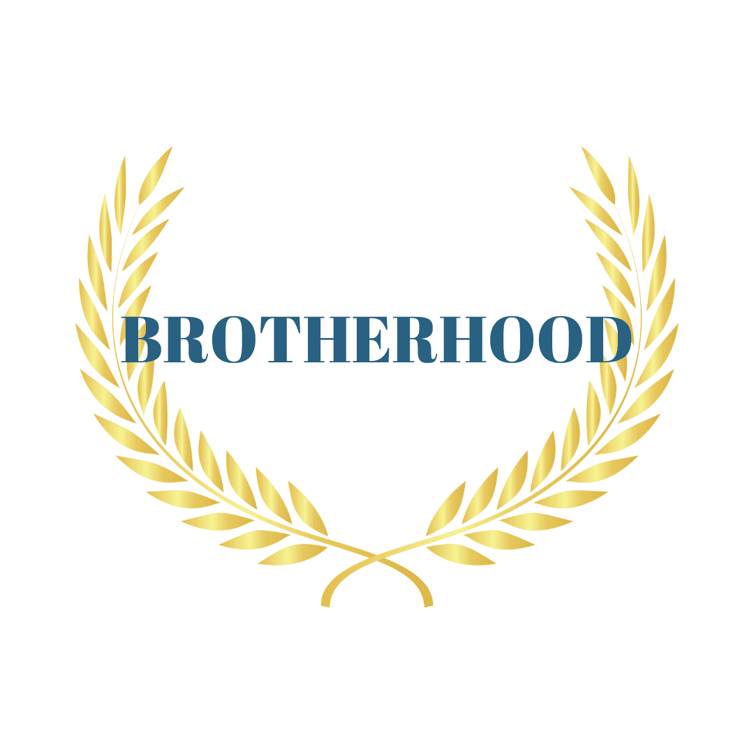 Word 'Brotherhood' inside a laurel wreath on a white background.