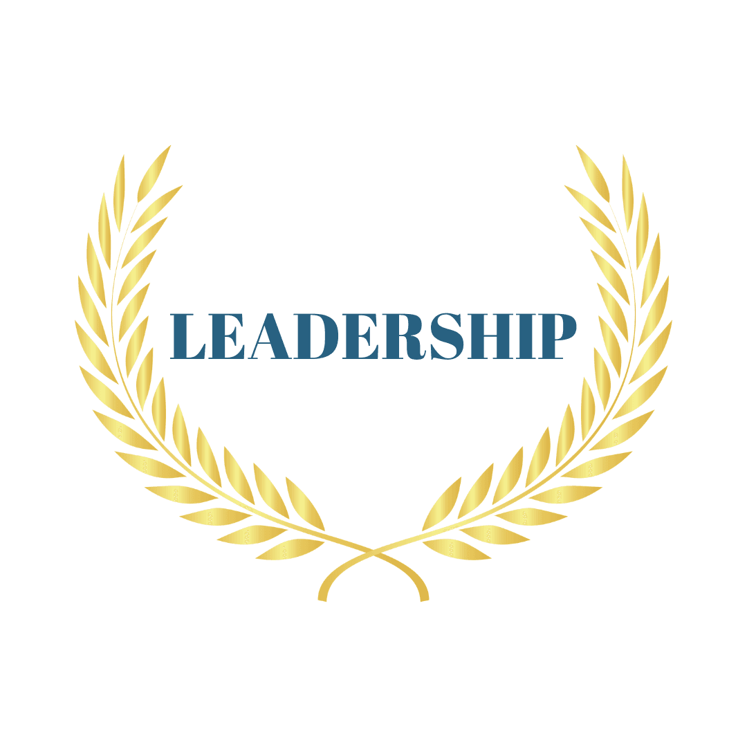 The word 'Leadership' surrounded by a golden laurel wreath on a white background.